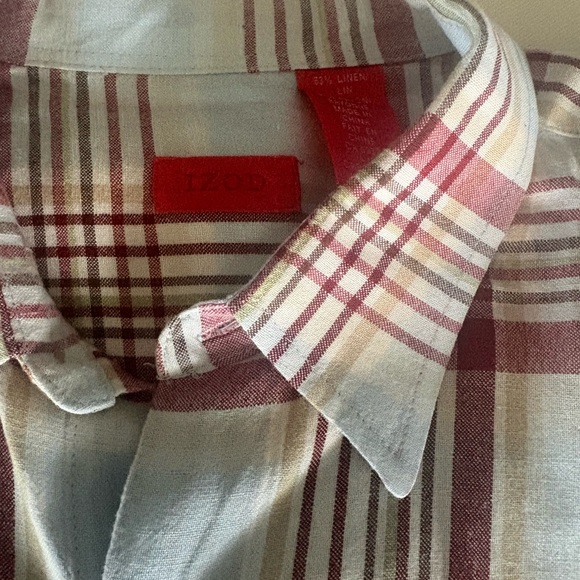 Izod Men's Burgundy and White Linen Plaid Shirt - Picture 1 of 2